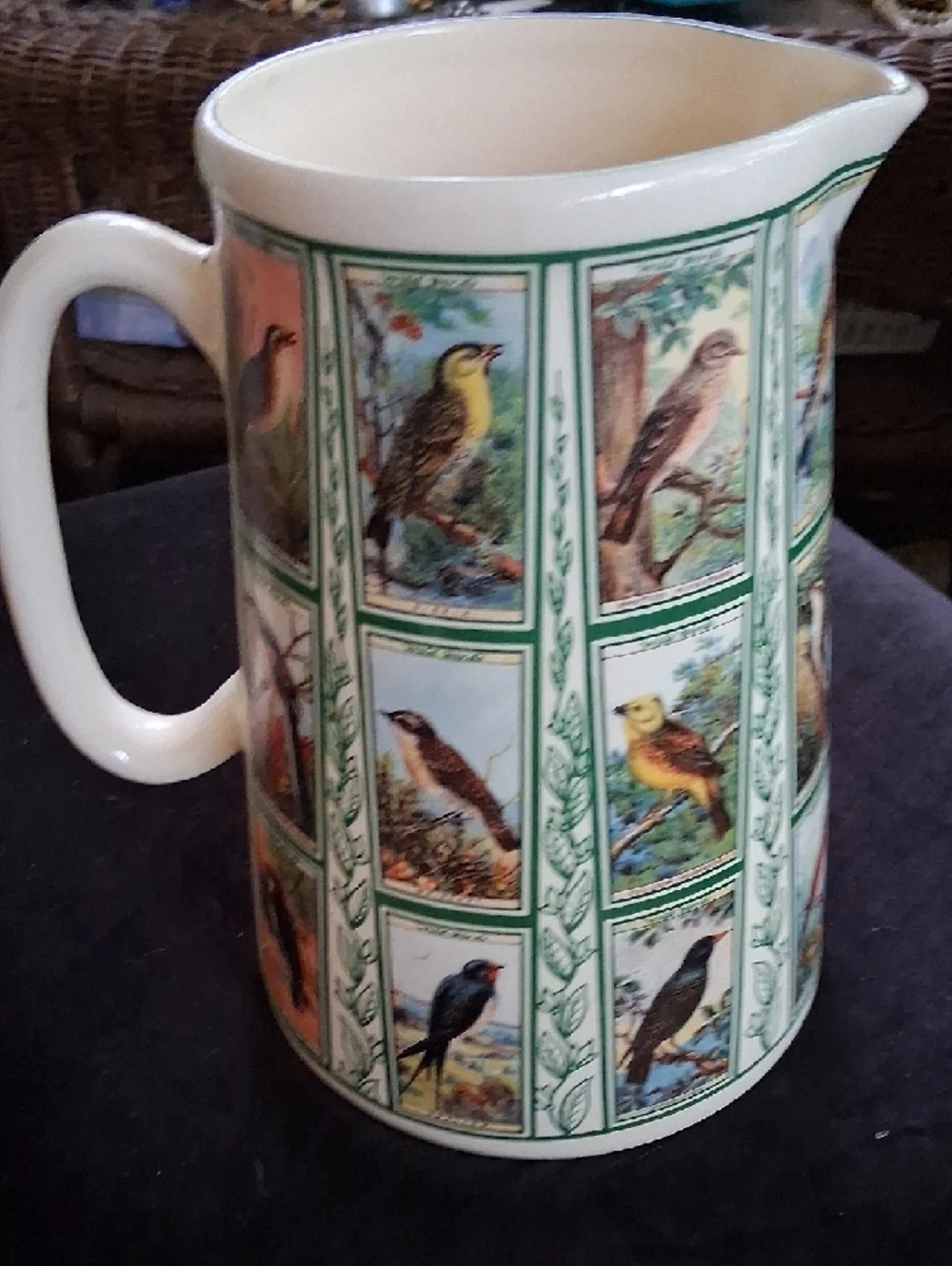 Vintage Ceramic Bird-Print Pitcher in Green and Cream - Unbranded - Picture 2 of 3